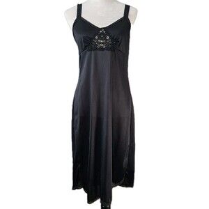 VTG Black Slip Dress Nightgown Body Lites Lingerie Sz 36 Lace Trim 7J-2241 USA